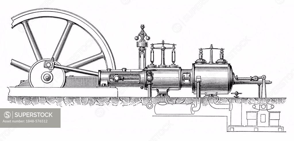 Historical graphic representation, technical drawing, steam engine