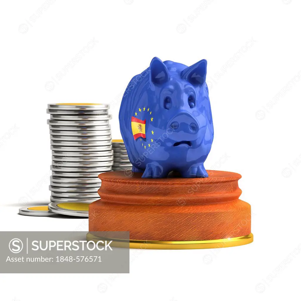 Piggy bank with a Spanish flag beside a stack of coins, illustration