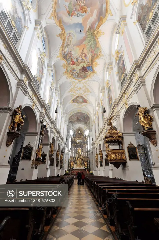 Interior view, center nave, Peterskirche church, St. Peter's Church, Munich, Bavaria, Germany, Europe