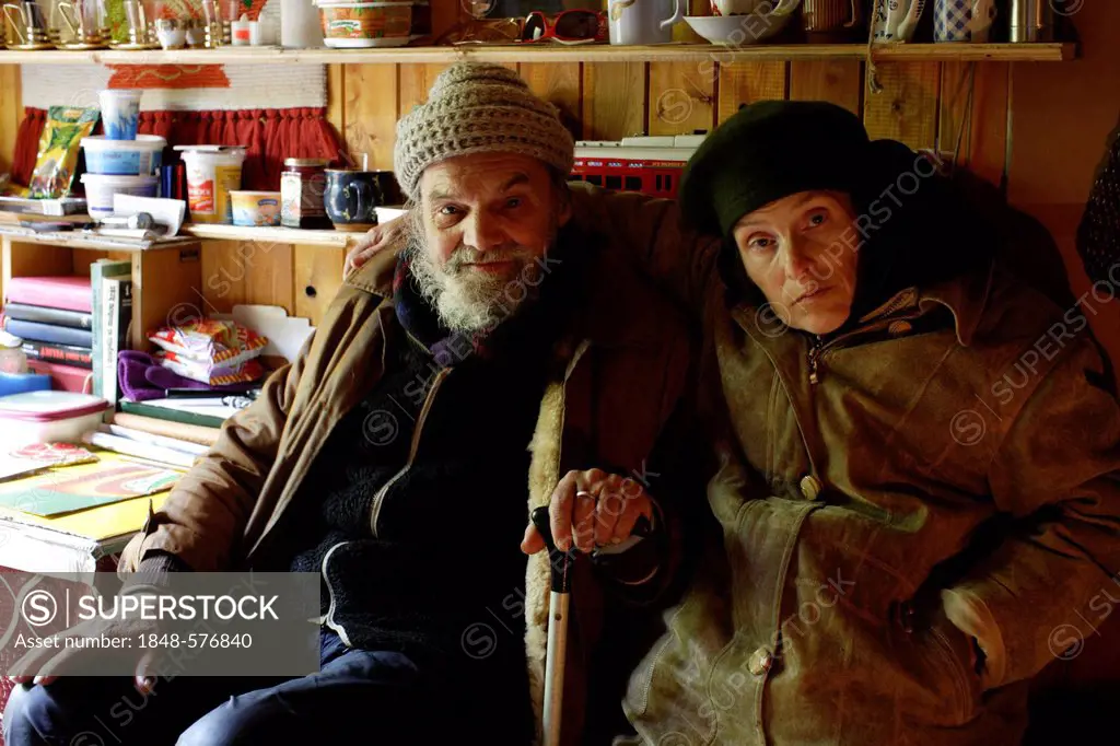 Homeless couple in a forest hut, wood near Carlsbad, Karlovy Vary, Czech Republic, Europe