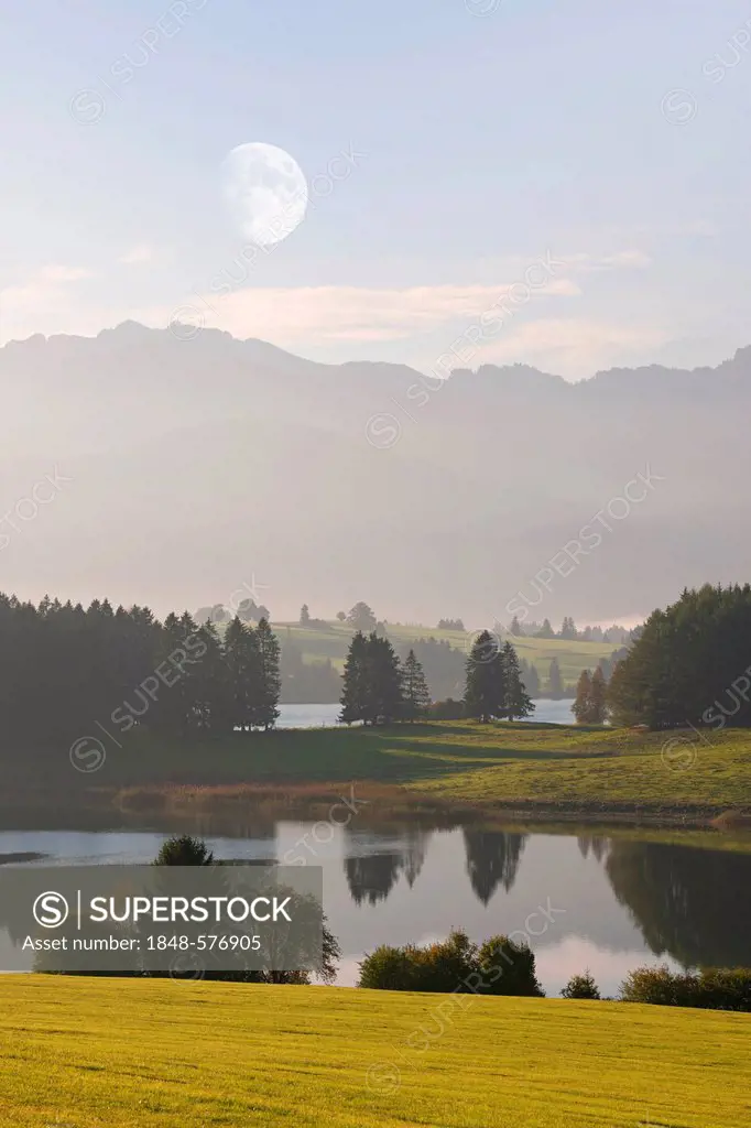 Lake Forggensee, morning mood with the Moon, Allgaeu, Bavaria, Germany, Europe, composing