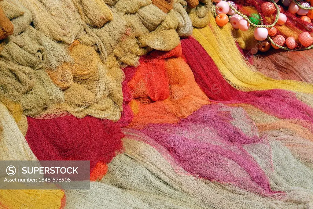 Coloured fishing nets, Mahe, Malabar Coast, northern Kerala, Kerala, southern India, India, Asia