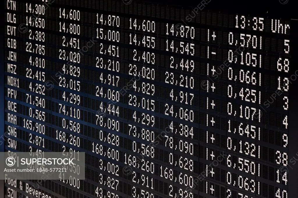 Stock prices, trading floor of Frankfurter Wertpapierboerse, Frankfurt Stock Exchange, Deutsche Boerse AG, Frankfurt am Main, Hesse, Germany, Europe