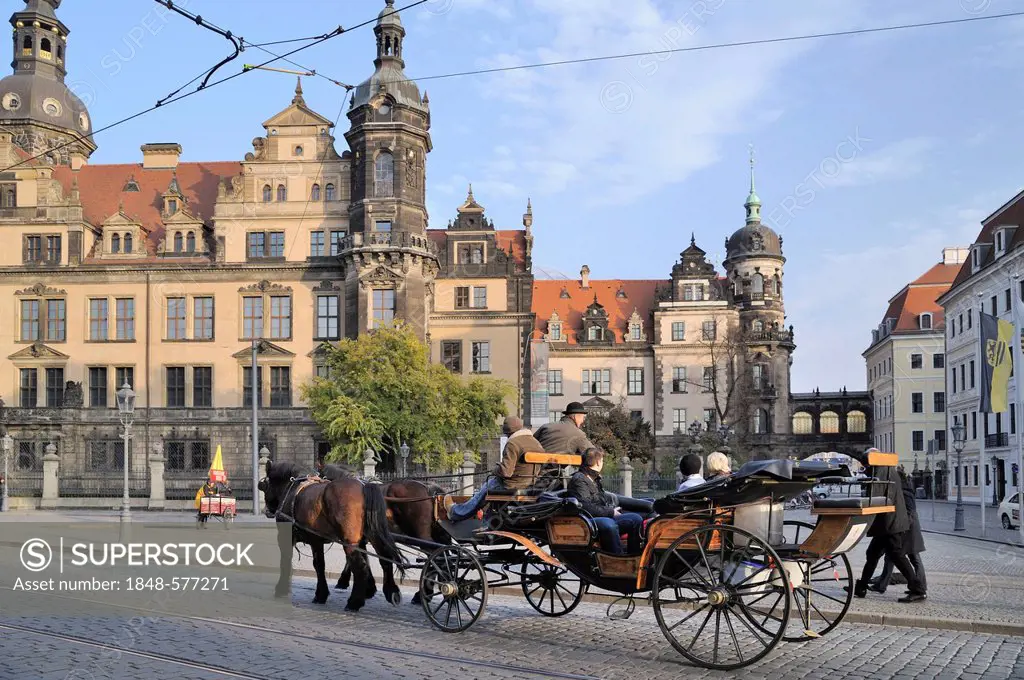 Horse-drawn carriage in front of the Residenzschloss palace in Dresden, Saxony, Germany, Europe