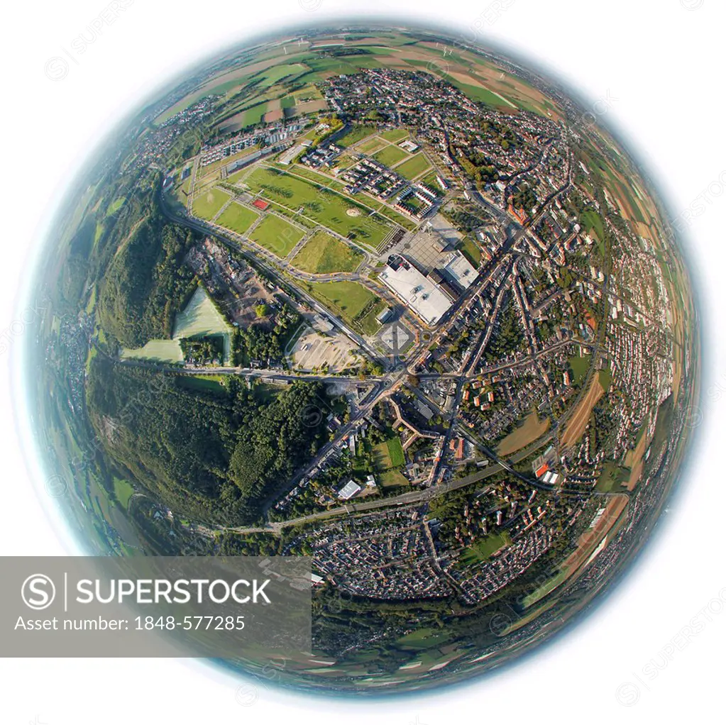 Aerial view, fisheye shot, former colliery site, industrial estate, LEG, Landesentwicklungsgesellschaft, state development corporation, Alsdorf, North...