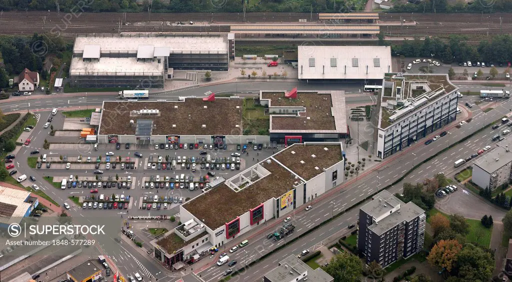 Aerial view, Suedring-Center, shopping centre, and central station, Bottrop, Ruhr Area, North Rhine-Westphalia, Germany, Europe