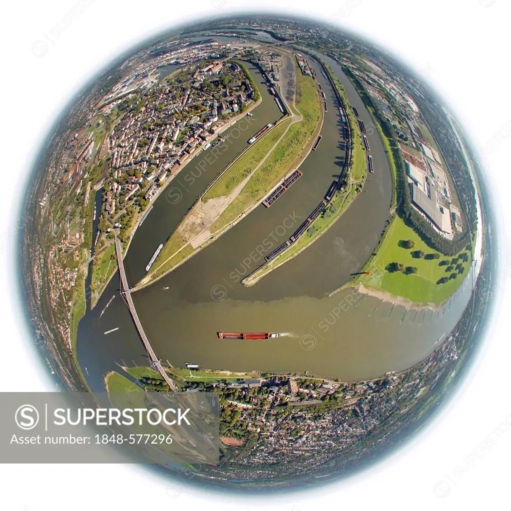 Aerial view, fisheye shot, port of Duisburg, Duisport, container port, coal dock, Ruhr river, Rhine, Ruhrort quarter, Duisburg, Ruhr Area, North Rhine...