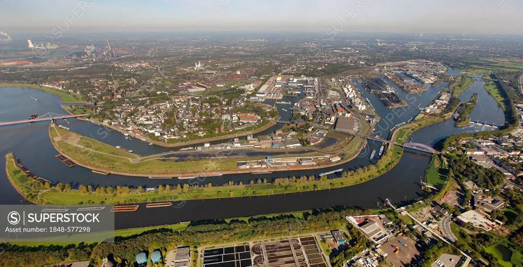 Aerial view, port of Duisburg, Duisport, container port, coal dock, Ruhr river, Rhine, Ruhrort quarter, Duisburg, Ruhr Area, North Rhine-Westphalia, G...