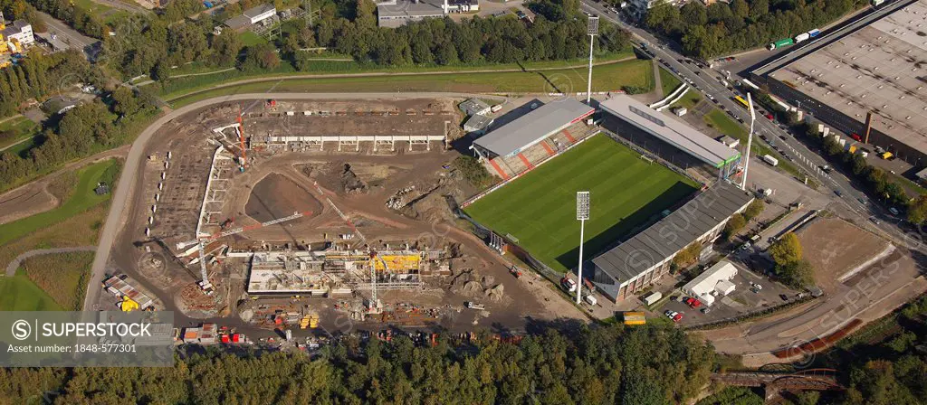 Aerial view, Georg-Melches-Stadion, stadium, building site, new development, Essen, Ruhr Area, North Rhine-Westphalia, Germany, Europe