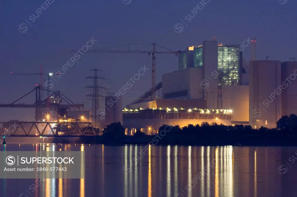 Moorburg coal-fired power plant with Kattwykbruecke bridge at dusk, Hamburg, Germany, Europe