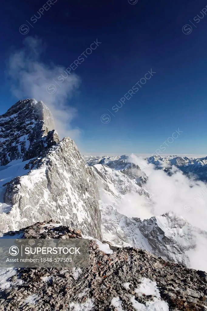 Dachstein Mountains as seen from Seethaler Huette mountain lodge, Ramsau, Styria, Austria, Europe