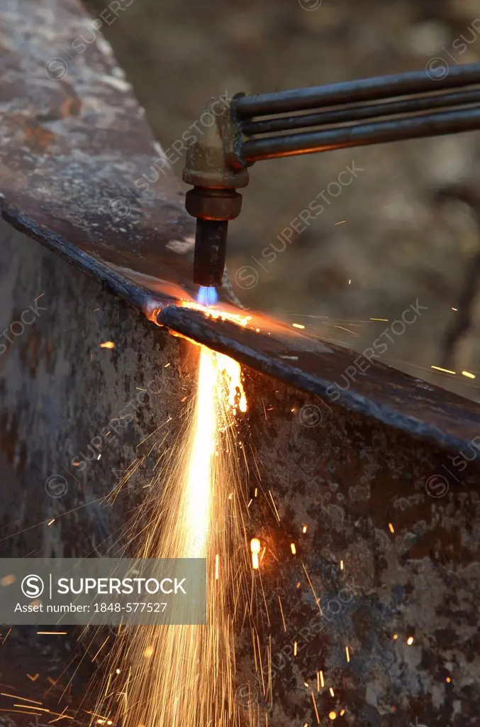 Welding torch cutting metal, Germany, Europe