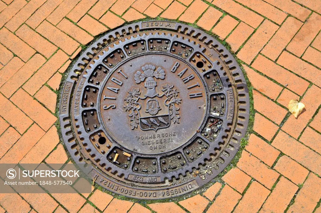 Manhole cover, Barth, Mecklenburg-Western Pomerania, Germany, Europe