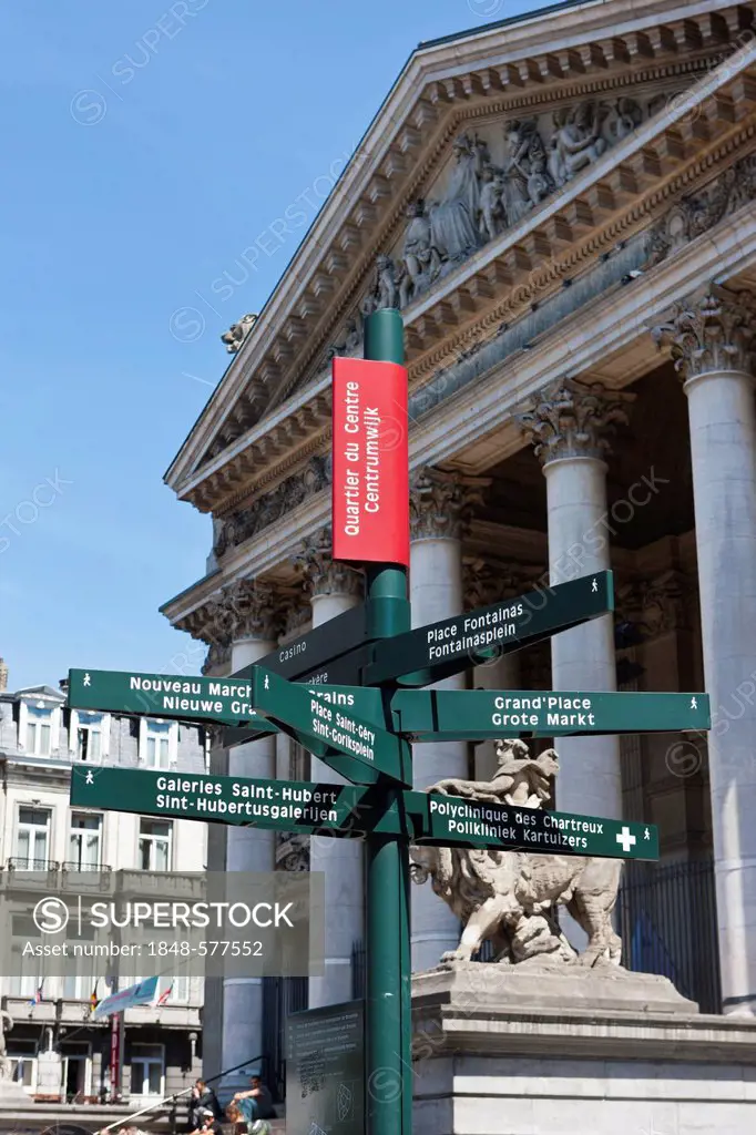 Signpost in front of the Stock Exchange, Brussels, Belgium, Benelux, Europe