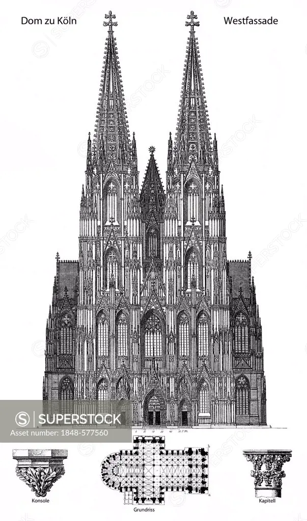 Historic illustration of Cologne Cathedral, a Gothic cathedral, western facade and a floor plan, UNESCO World Heritage site, Germany, Europe, 19th cen...