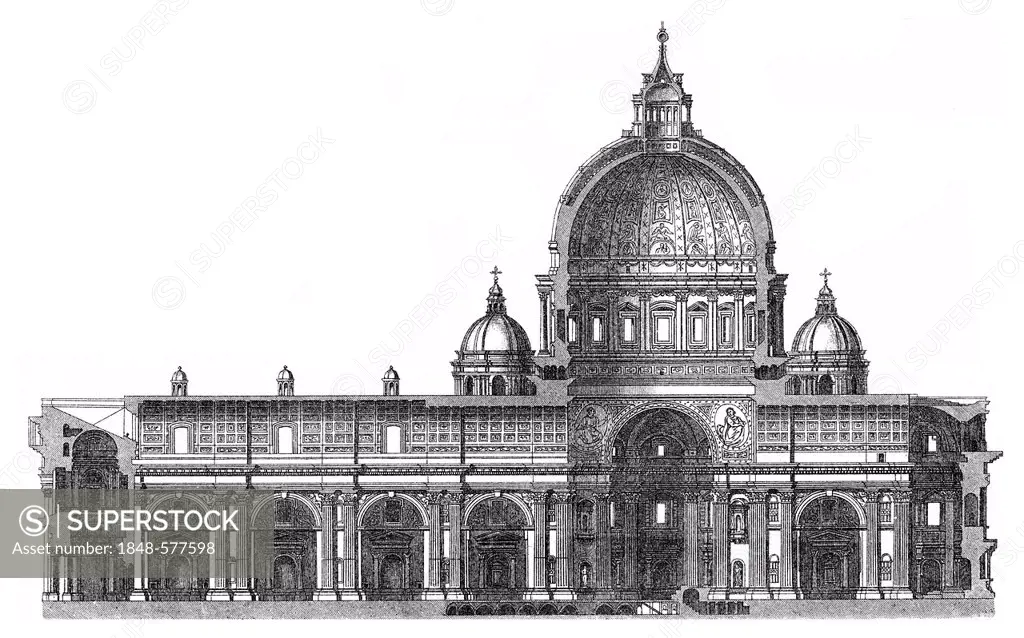 Historical graphic representation of St. Peter's Basilica, Vatican Basilica, Papal Basilica di San Pietro in Vaticano, Sancti Petri in the Vatican, or...