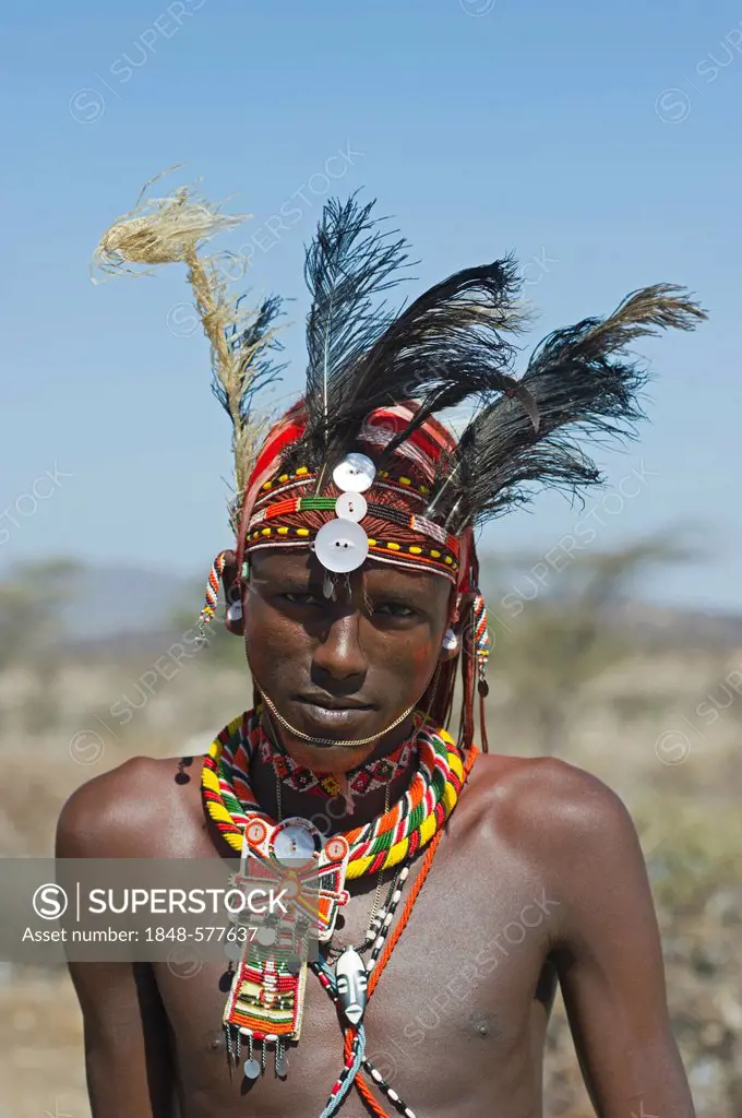 Young Masai man wearing Ostrich feathers signifying recent circumcision, Samburu, Kenya, Africa