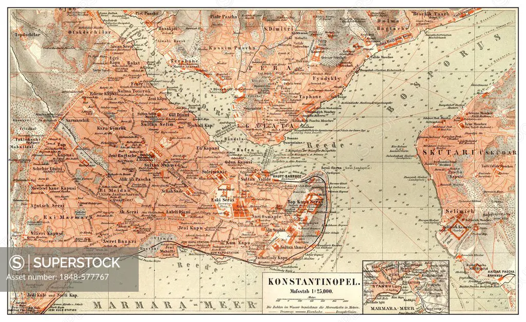 Historic map of Constantinople, Istanbul, Turkey, 19th Century, from Meyers Konversations-Lexikon encyclopaedia, 1889