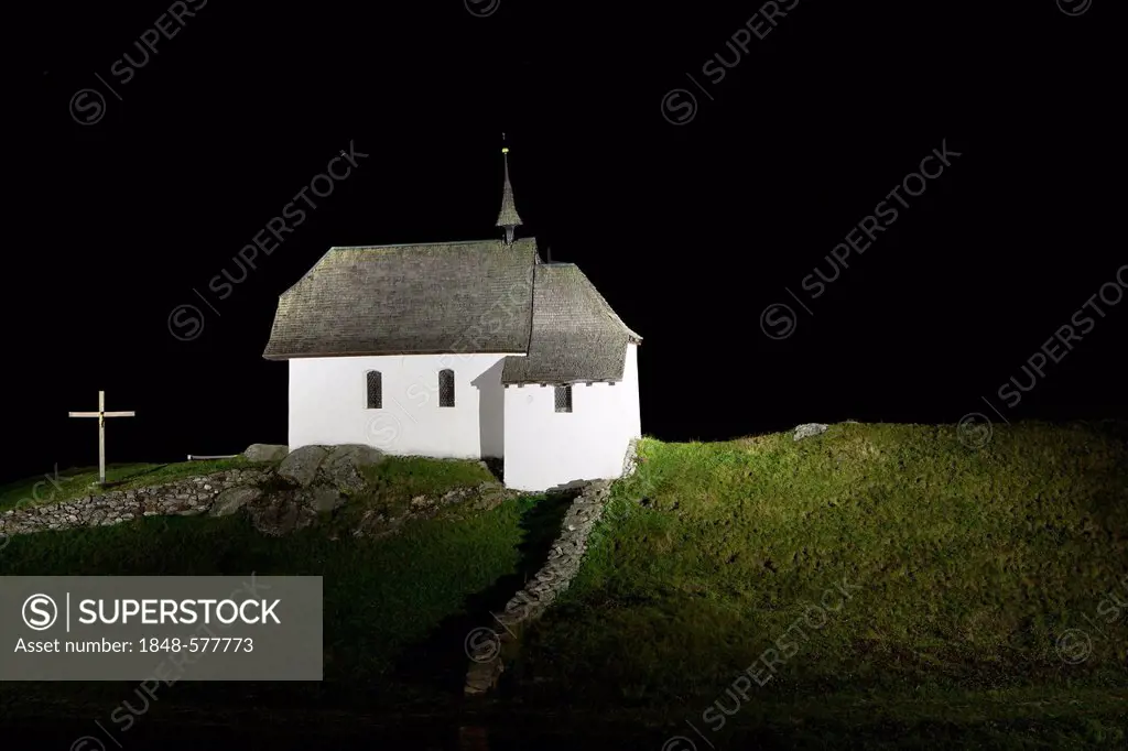 Maria zum Schnee chapel, illuminated at night, Bettmeralp, Valais, Swiss Alps, Switzerland, Europe, PublicGround