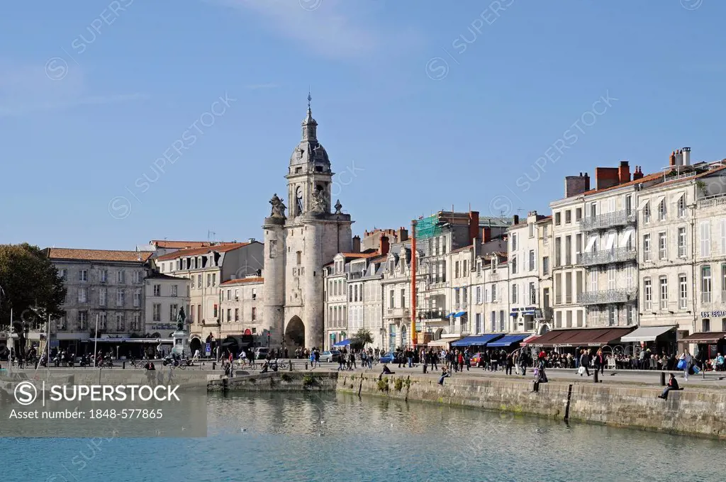 Porte de la Grosse Horloge, city gate, port, promenade, La Rochelle, Charente-Maritime, Poitou-Charentes, France, Europe, PublicGround