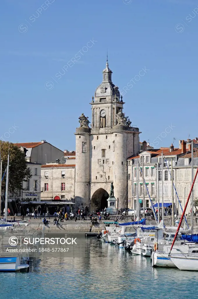 Boats, Porte de la Grosse Horloge, city gate, port, promenade, La Rochelle, Charente-Maritime, Poitou-Charentes, France, Europe, PublicGround