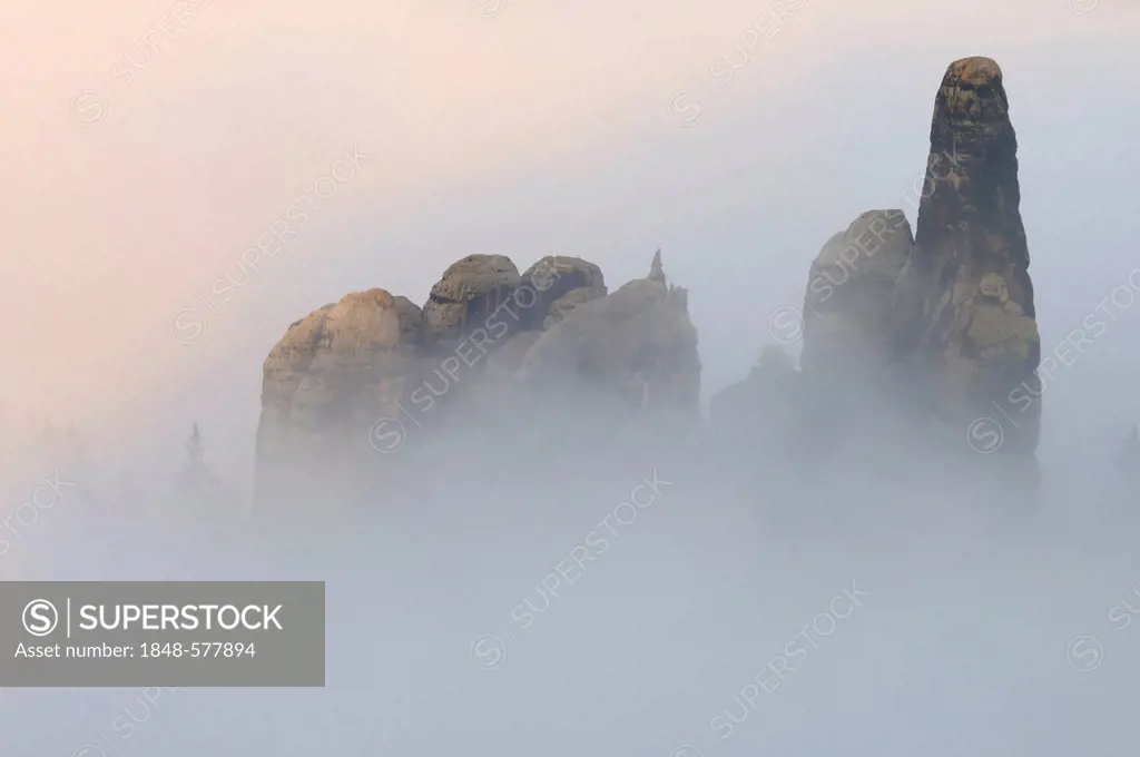 Rocks in fog, Elbe Sandstone Mountains, Saxony, Germany, Europe