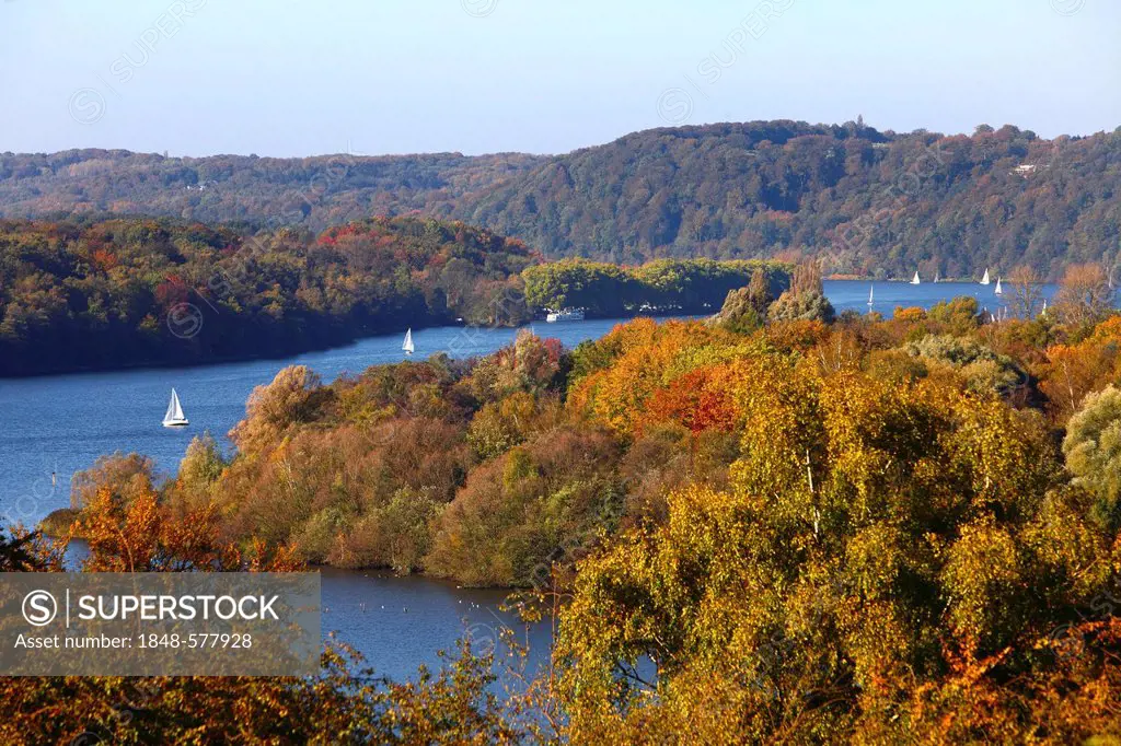 Baldeneysee Lake, reservoir of the river Ruhr, sailing boats, autumn, Essen, North Rhine-Westphalia, Germany, Europe