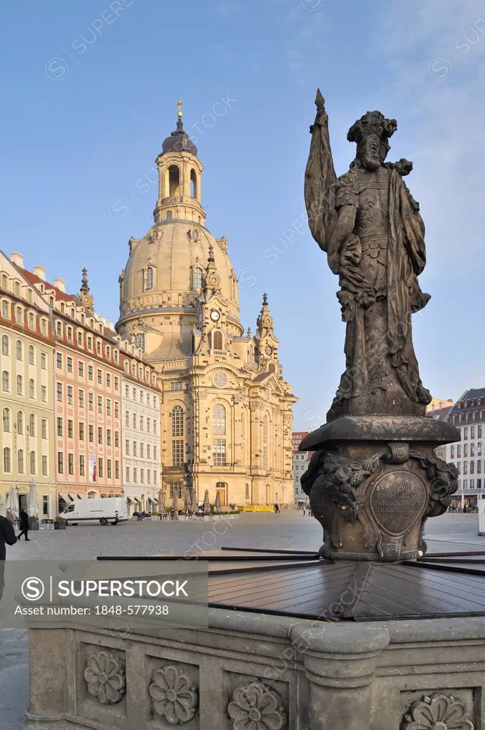 Statue in front of Frauenkirche church or Church of Our Lady, Dresden, Saxony, Germany, Europe