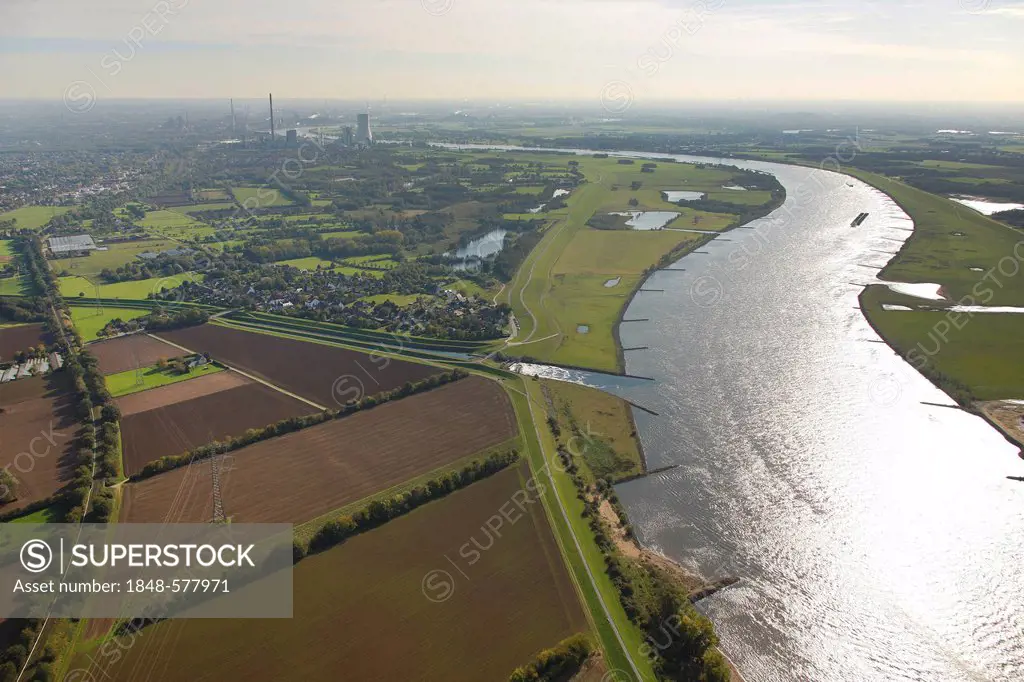 Aerial view, confluence of the Emscher river and the Rhine, Voerde, Lower Rhine area, Ruhr Area, North Rhine-Westphalia, Germany, Europe