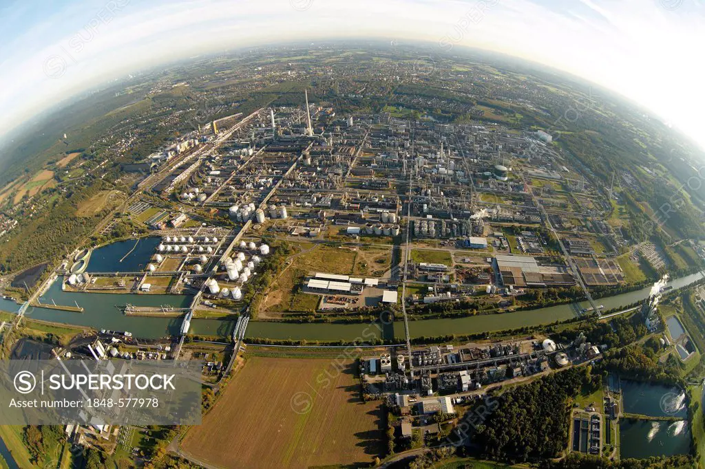 Aerial view, fisheye shot, Degussa, Chemische Werke Huels, chemical industry, Chemiepark Marl-Hamm, Marl, Ruhr Area, North Rhine-Westphalia, Germany, ...
