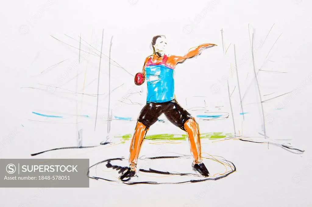 Discus thrower, coloured drawing, by artist Gerhard Kraus, Kriftel, Germany