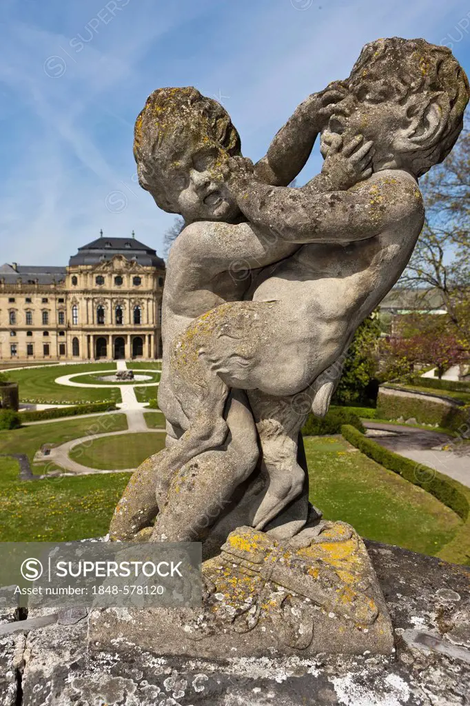 Sculpture in front of Wuerzburg Residence, a Baroque palace, UNESCO World Heritage Site with the Court Gardens, built from 1720-1744 by Balthasar Neum...