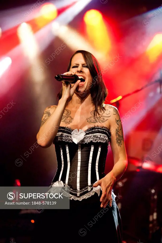 Nicole Kammermann, singer of the Swiss rock and pop band Redwood, performing live in the Schueuer concert hall, Lucerne, Switzerland, Europe