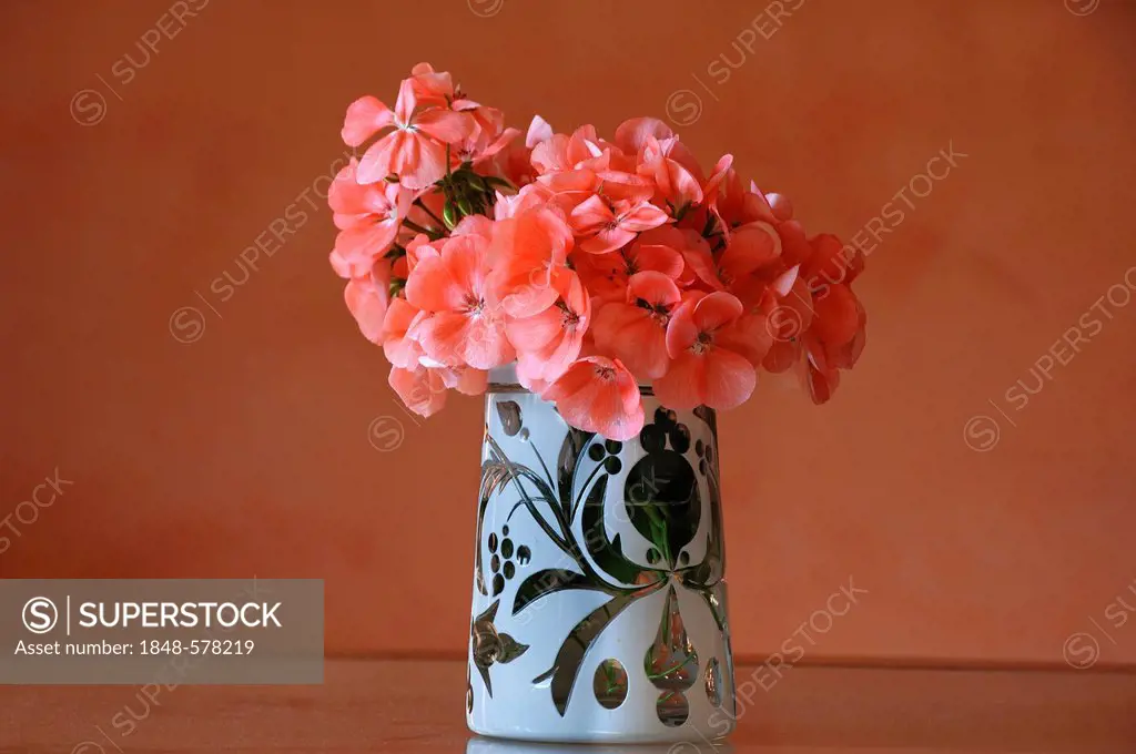 Hortensia flowers (Hydrangea) in an ornate antique beer mug