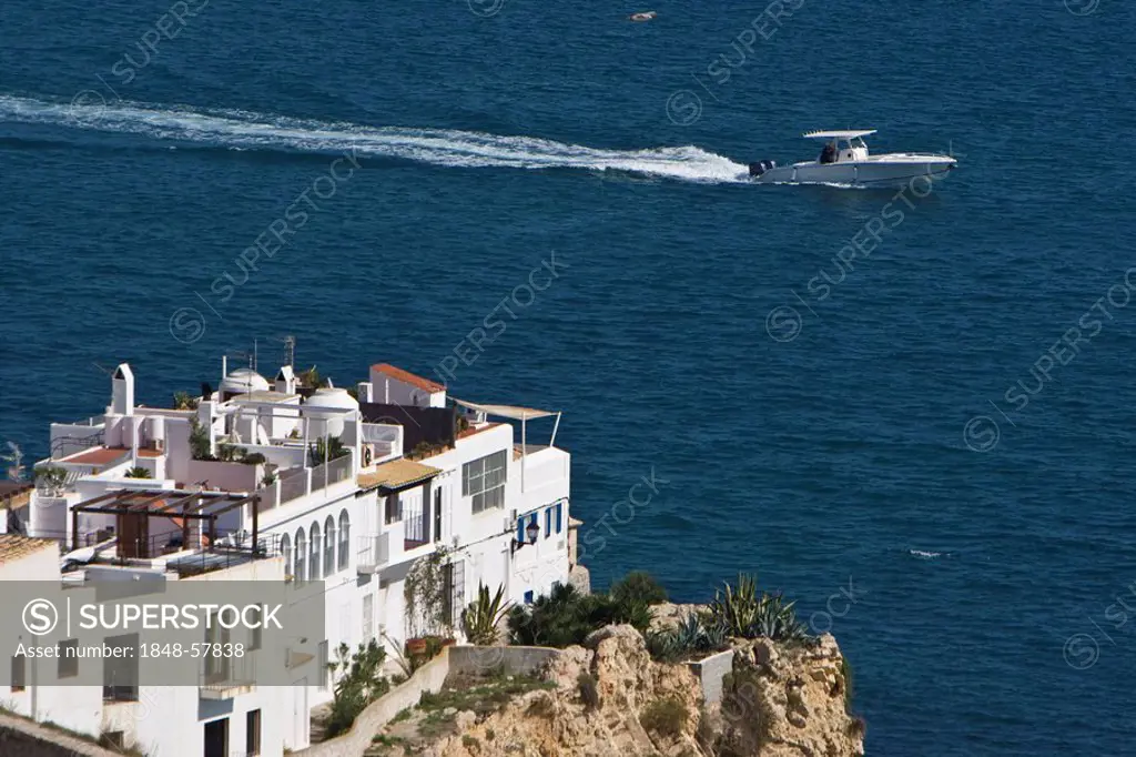 Old building at the coast, motorboat, Eivissa, old part of town, Ibiza, Balearic Islands, Spain