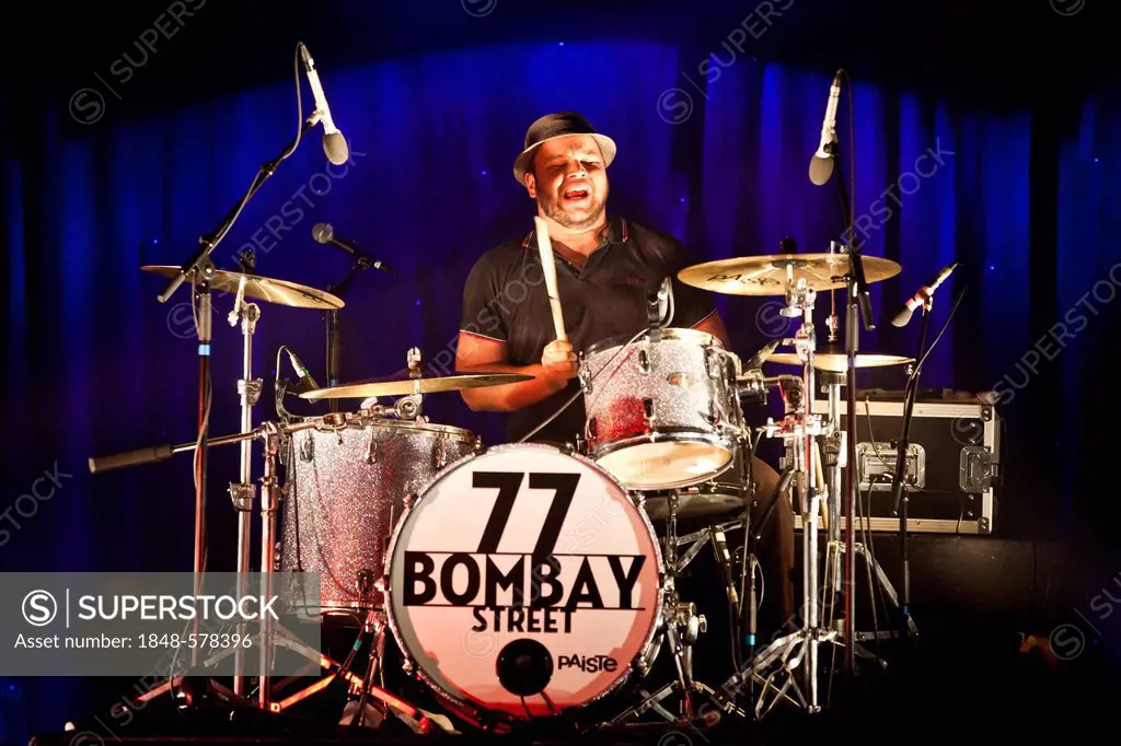 Esra Buchli, drummer of the Swiss band 77 Bombay Street, performing live at the Schueuer, Lucerne, Switzerland, Europe