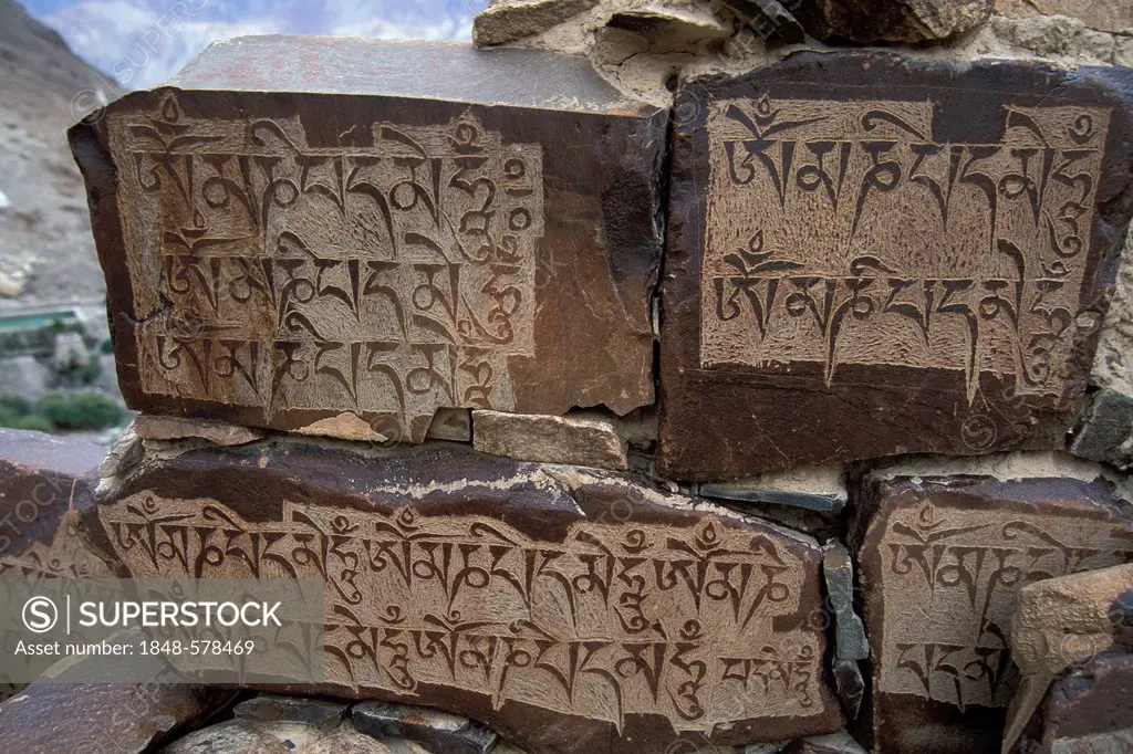 Mani stones with Tibetan mantras, Hunder, Nubra Valley, Ladakh, Indian Himalayas, Jammu and Kashmir, northern India, India, Asia