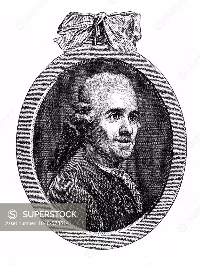 Historical engraving, portrait of Michael Huber, 1727-1804, German philologist, literary historian and writer, 19th century, from Bildatlas zur Geschi...