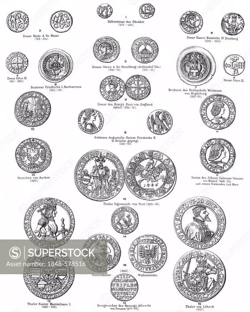 Historical graphic representation, ancient coins, money from the 5th to the 17th century, numismatics, 19th century, from Meyers Konversations-Lexikon...