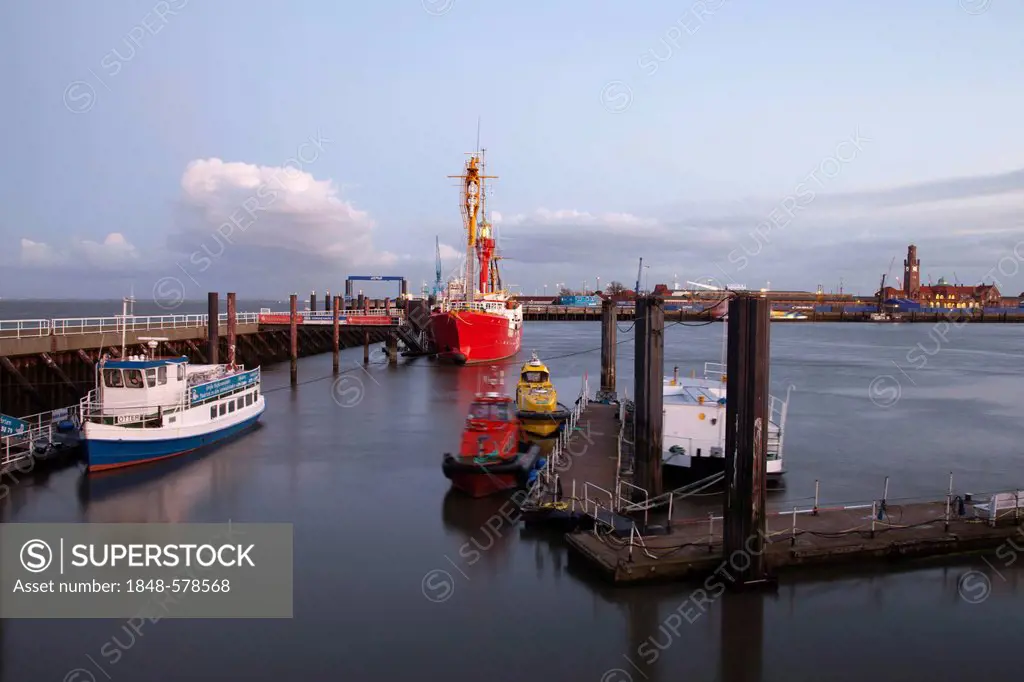 Port in the evening light, Elbe 1 lightship, Cuxhaven, a spa town on the North Sea, Lower Saxony, Germany, Europe, PublicGround