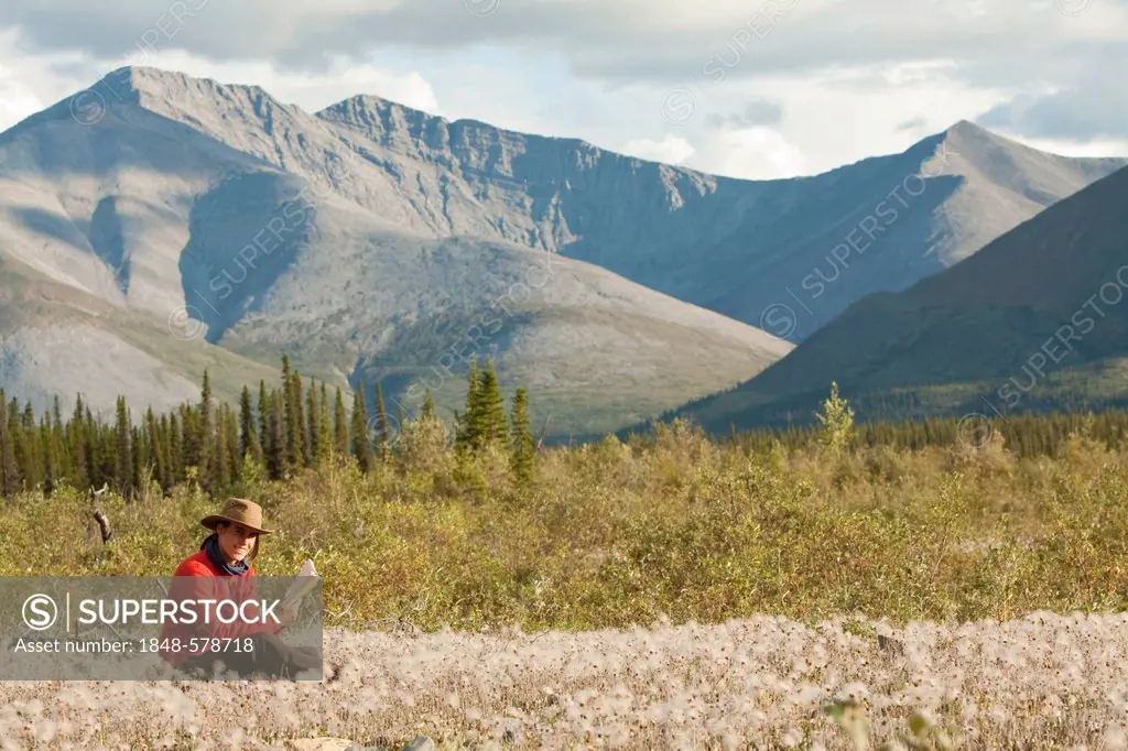 Young woman reading a book, relaxing, sitting in the grass, Cotton Grass, Northern Mackenzie Mountains behind, Wind River, Peel Watershed, Yukon Terri...