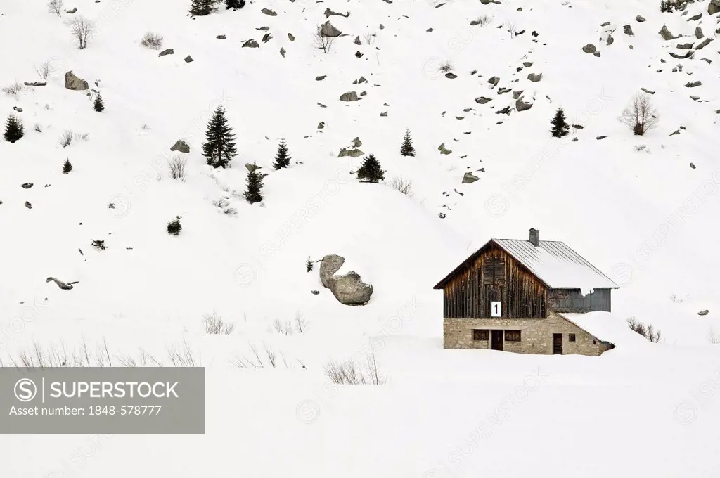 Cowshed, snow, Andermatt, canton of Uri, Switzerland, Europe