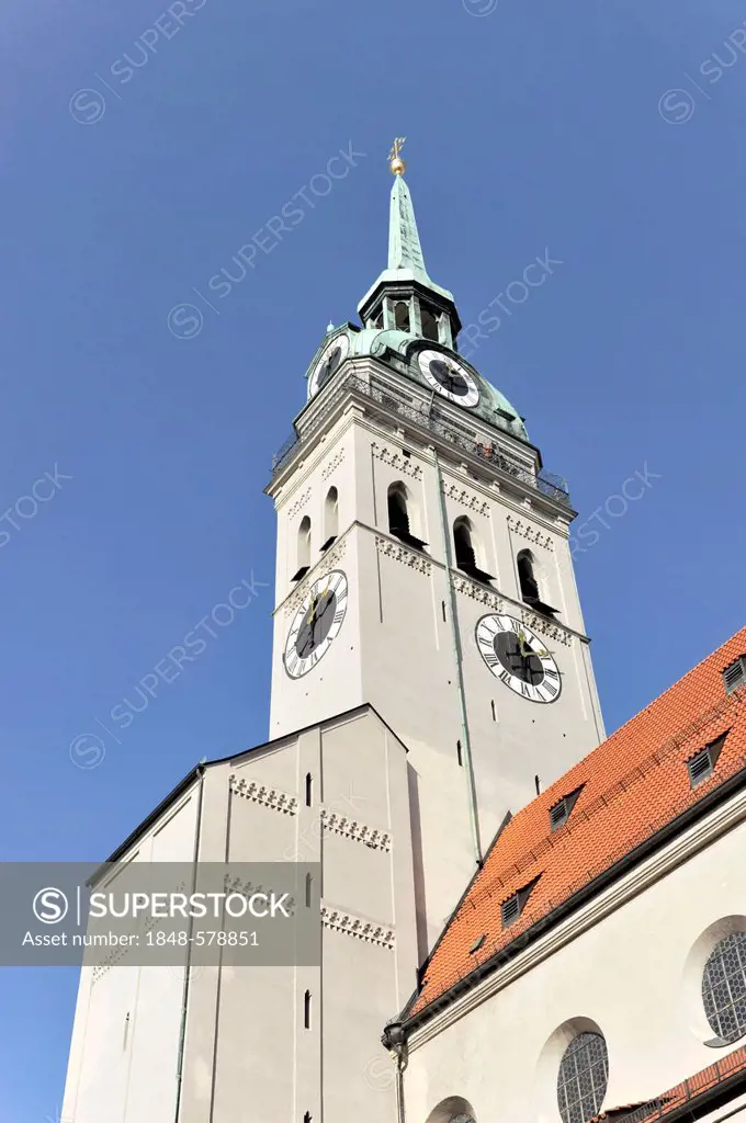 Spire of Alter Peter, Peterskirche, St. Peter's Church, Viktualienmarkt, Munich, Bavaria, Germany