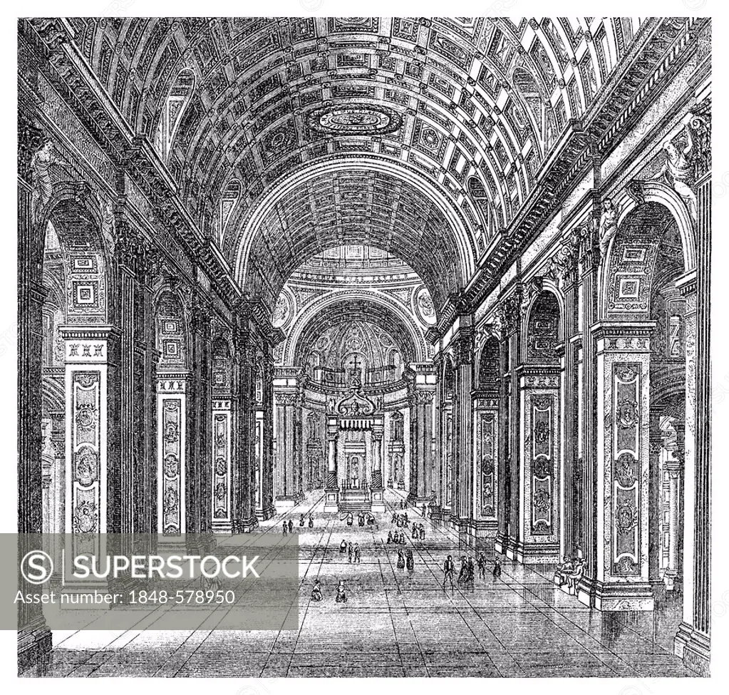 Historical graphic representation, interior view of St. Peter's Basilica, Vatican Basilica, Papal Basilica di San Pietro in Vaticano, Sancti Petri in ...