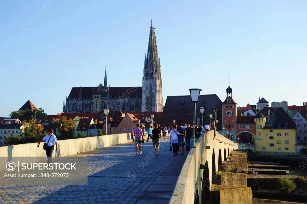Regensburg Cathedral, from Steinerne Bruecke bridge to the old town, Regensburg, Bavaria, Germany, Europe