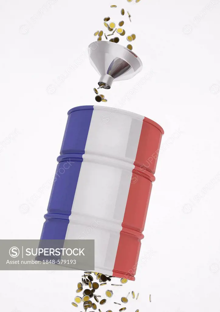 Euro coins falling through a bottomless pit in the French national colours, symbolic image