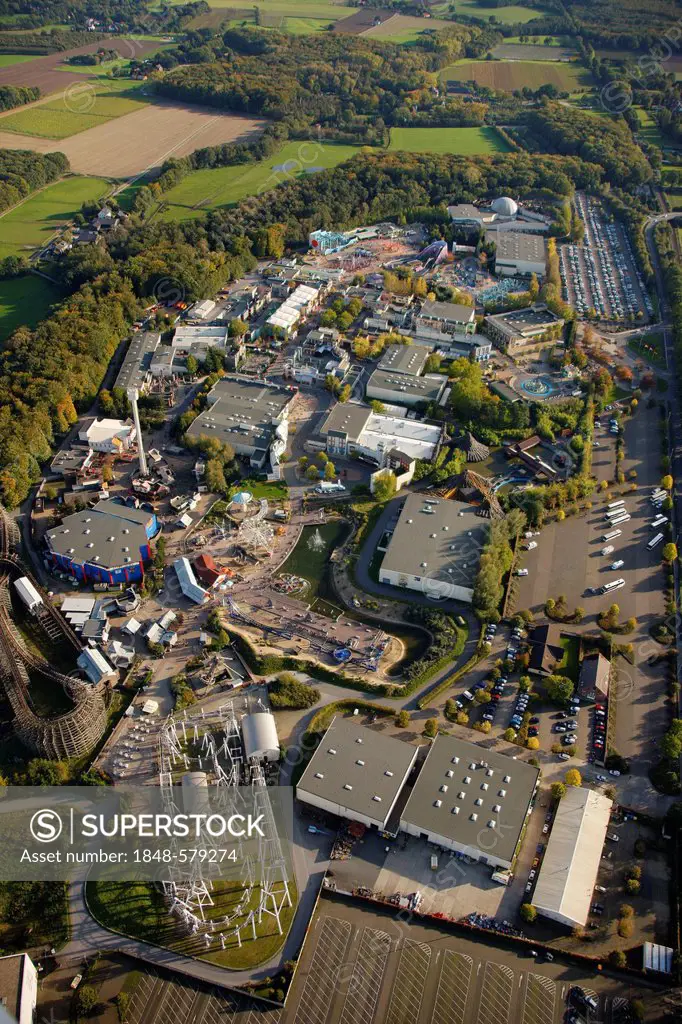 Aerial view, Movie Park Germany, amusement park, Bottrop Kirchhellen, Ruhr Area, North Rhine-Westphalia, Germany, Europe