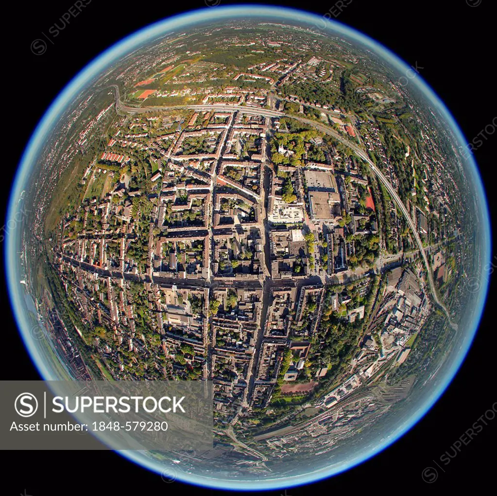 Aerial view, fisheye shot, Hamborn quarter, Duisburg, Ruhr Area, North Rhine-Westphalia, Germany, Europe