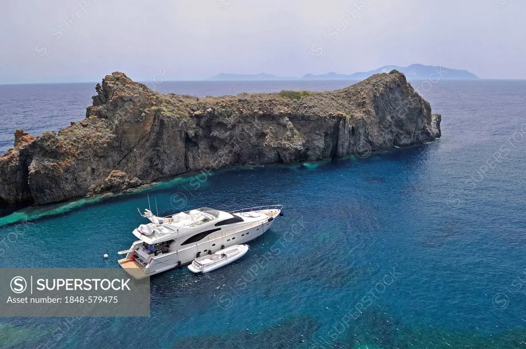 Yacht in a bay, Panarea Island, Aeolian Islands or Lipari Islands, Sicily, Southern Italy, Italy, Europe