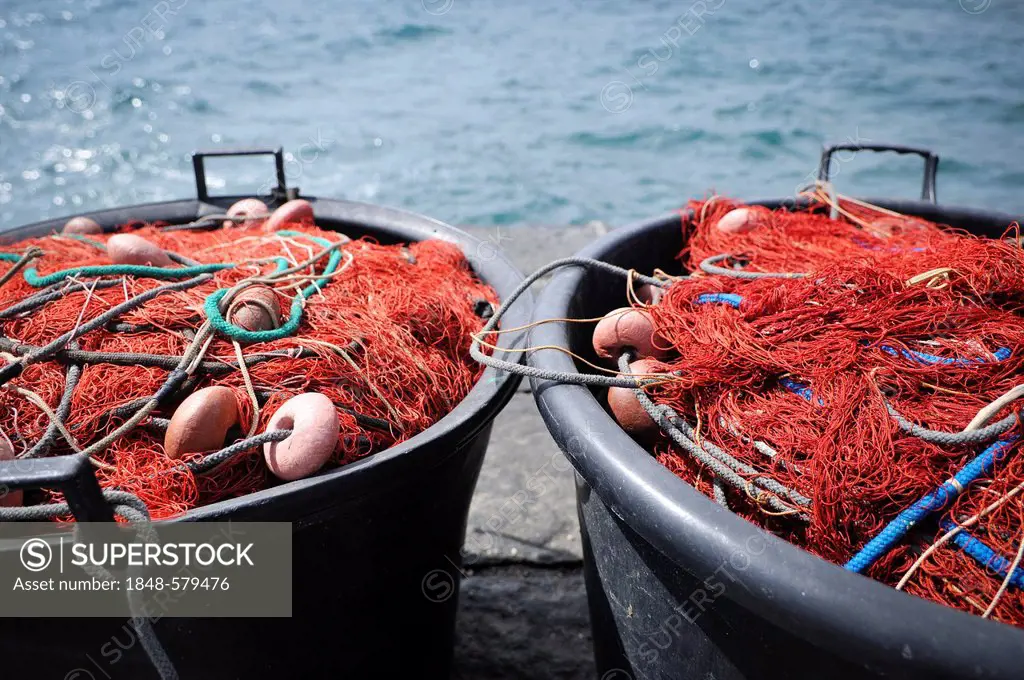 Red fishing nets in plastic buckets, Panarea Island, Aeolian Islands or Lipari Islands, Sicily, Southern Italy, Italy, Europe